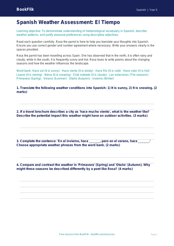 Free Weather Assessment | Year 5 Greater Depth | BookFlik worksheet preview — Spanish Weather