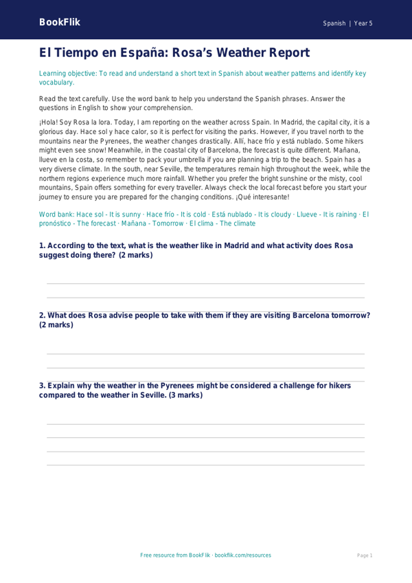 Free Weather Comprehension | Year 5 Greater Depth | BookFlik worksheet preview — Spanish Weather