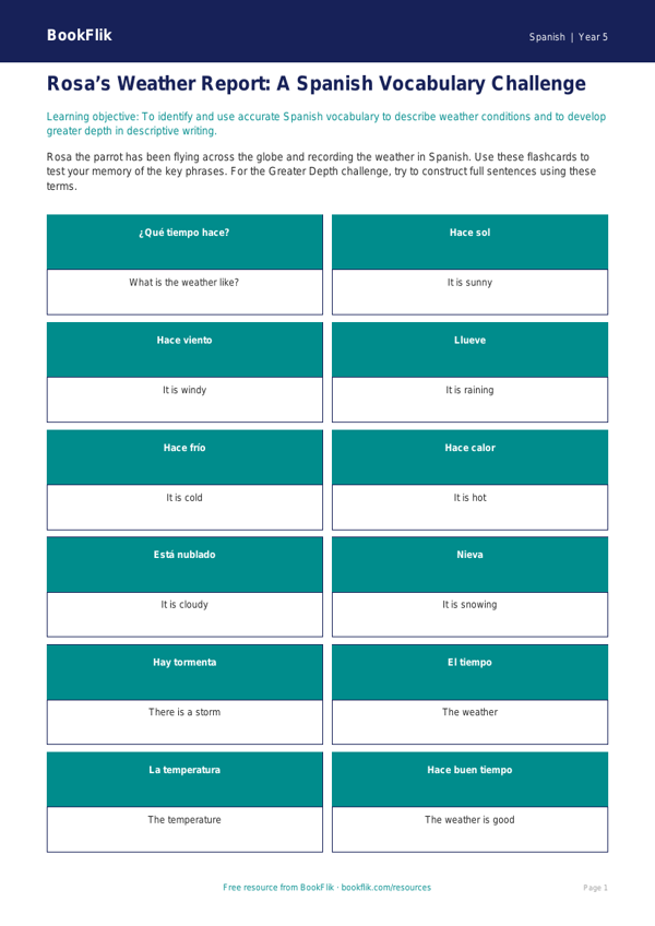 Free Weather Flashcards | Year 5 Greater Depth | BookFlik worksheet preview — Spanish Weather