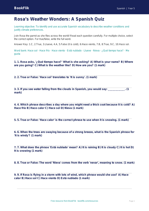Free Weather Quiz | Year 5 Greater Depth | BookFlik worksheet preview — Spanish Weather