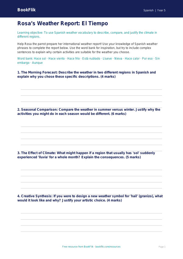 Free Weather Template | Year 5 Greater Depth | BookFlik worksheet preview — Spanish Weather