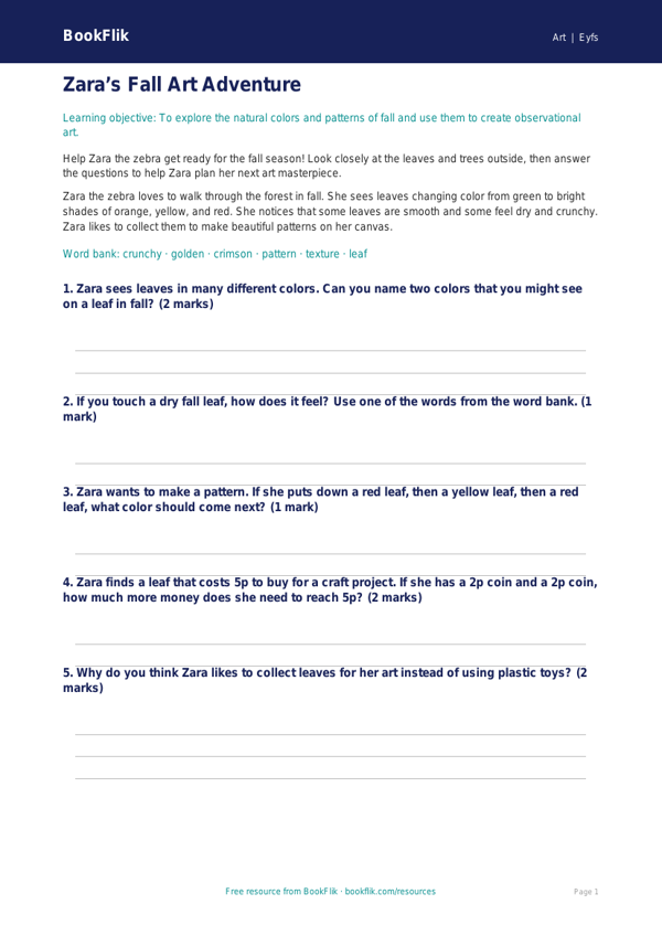 Free Autumn Art Worksheet | Pre-K | Art | BookFlik worksheet preview — Art Autumn Art