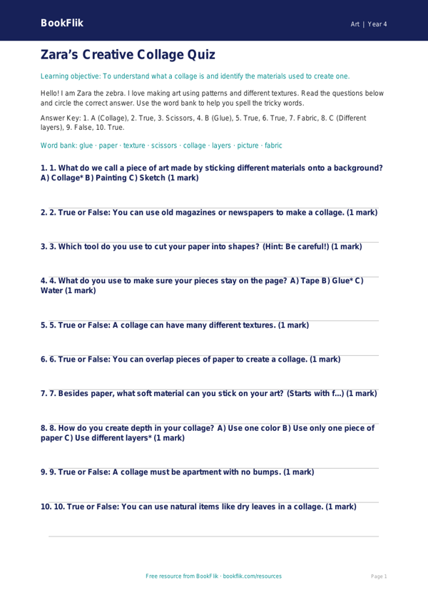 Free Collage Quiz | Grade 3 | Art | BookFlik worksheet preview — Art Collage