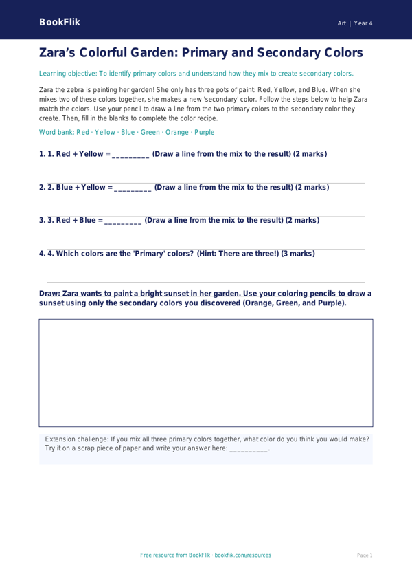 Free Color Theory Activity Sheet | Grade 3 | Art | BookFlik worksheet preview — Art Colour Theory