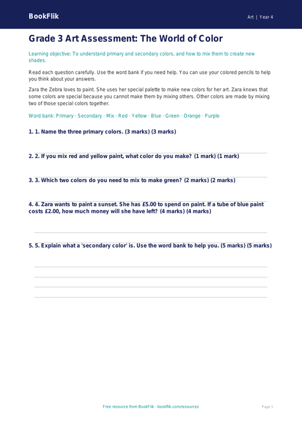 Color Theory Worksheet for Grade 3 | Art Basics | BookFlik worksheet preview — Art Colour Theory