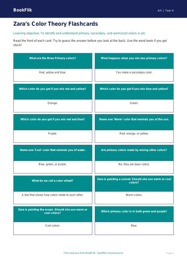 Color Theory Flashcards for Grade 3 | Free Art Printables | BookFlik worksheet preview — Art Colour Theory