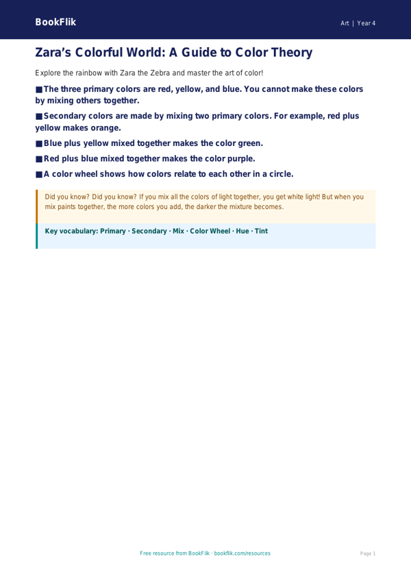 Free Color Theory Poster | Grade 3 | Art | BookFlik worksheet preview — Art Colour Theory