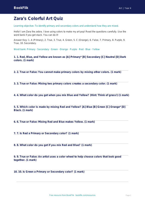 Free Color Theory Quiz | Grade 3 | Art | BookFlik worksheet preview — Art Colour Theory