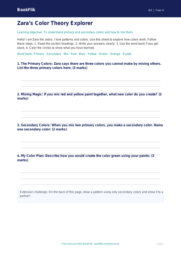 Free Color Theory Template | Grade 3 | Art | BookFlik worksheet preview — Art Colour Theory