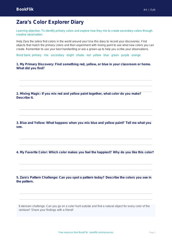Free Color Theory Template | Pre-K Art Activity | BookFlik worksheet preview — Art Colour Theory