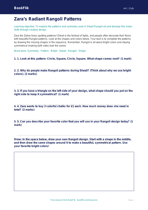 Free Diwali Rangoli Activity Sheet | Pre-K | Art | BookFlik worksheet preview — Art Diwali Rangoli