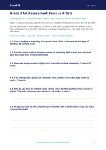 Free Famous Artists Assessment | Grade 3 | Art | BookFlik