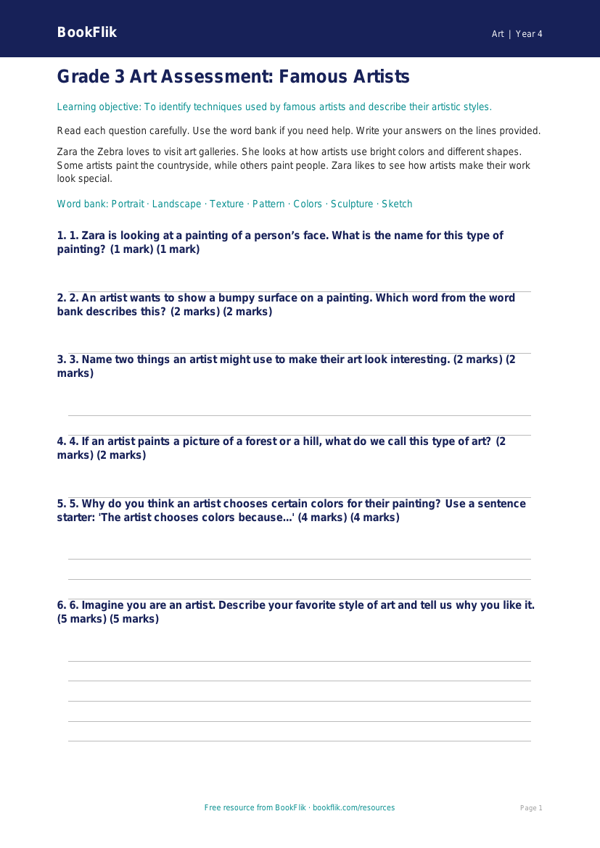 Free Famous Artists Assessment | Grade 3 | Art | BookFlik worksheet preview — Art Famous Artists