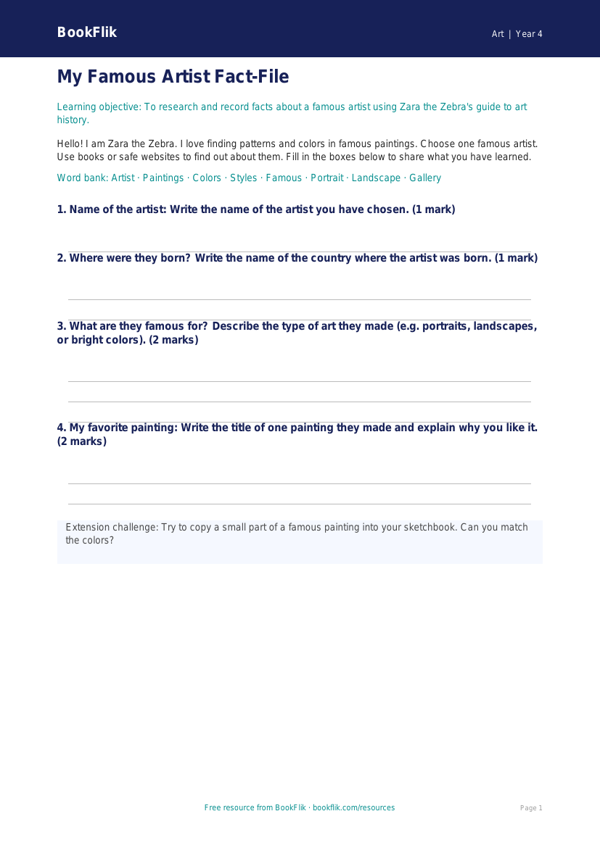 Free Famous Artists Template | Grade 3 | Art | BookFlik worksheet preview — Art Famous Artists