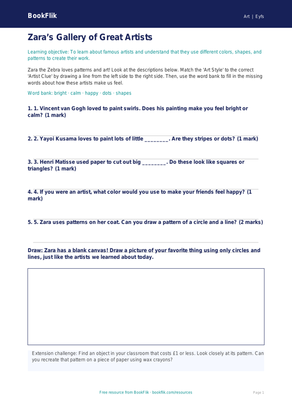 Free Famous Artists Activity Sheet | Pre-K | Art | BookFlik worksheet preview — Art Famous Artists
