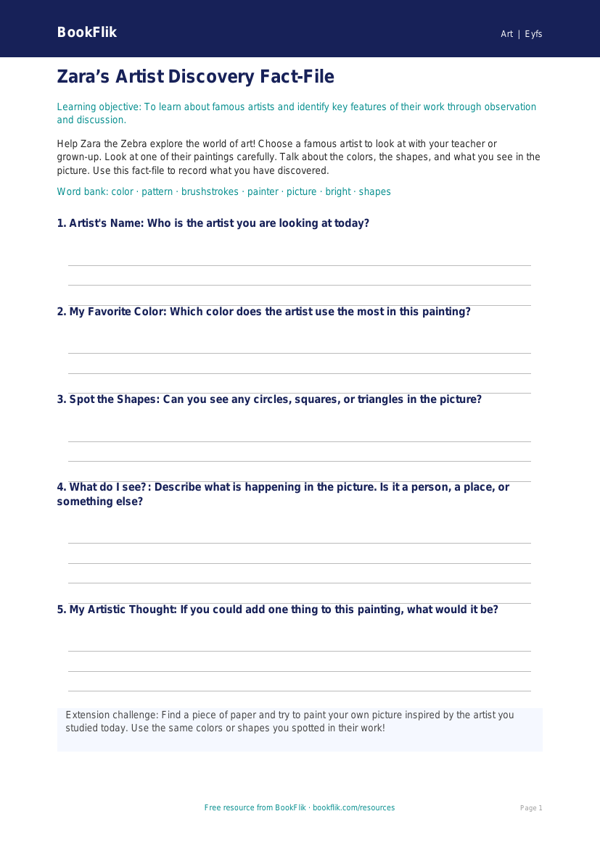 Famous Artists Template for Pre-K | Art Lesson | BookFlik worksheet preview — Art Famous Artists