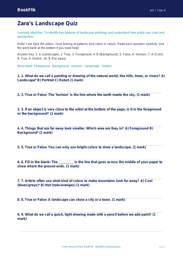 Free Landscapes Quiz | Grade 3 | Art | BookFlik worksheet preview — Art Landscapes