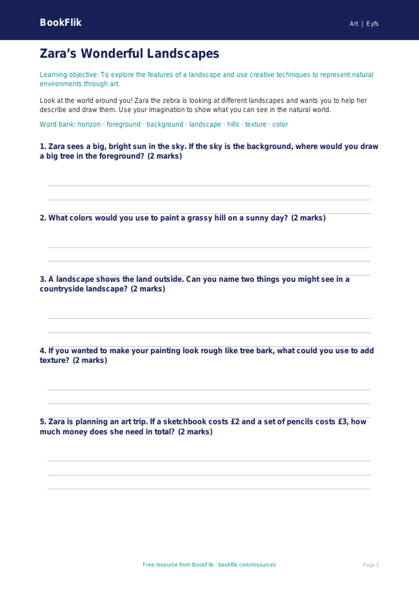 Free Landscapes Worksheet | Pre-K | Art | BookFlik worksheet preview — Art Landscapes
