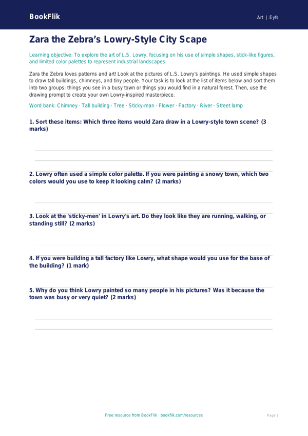 Free L.S. Lowry Art Activity Sheet | Pre-K | BookFlik worksheet preview — Art Lowry