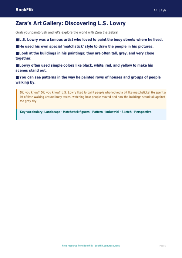 Free L.S. Lowry Art Poster for Pre-K | BookFlik worksheet preview — Art Lowry