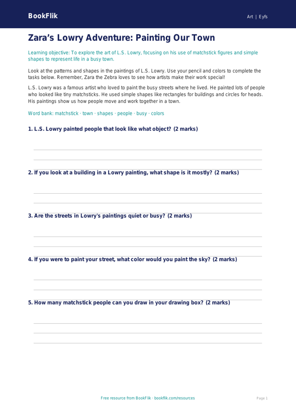 Lowry Worksheet for Pre-K | Art Lesson | BookFlik worksheet preview — Art Lowry