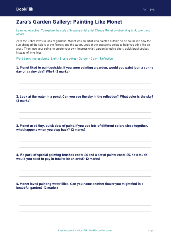 Free Monet Activity Sheet | Pre-K | Art | BookFlik worksheet preview — Art Monet