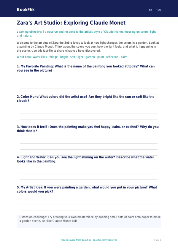 Free Monet Template for Pre-K Art | BookFlik worksheet preview — Art Monet