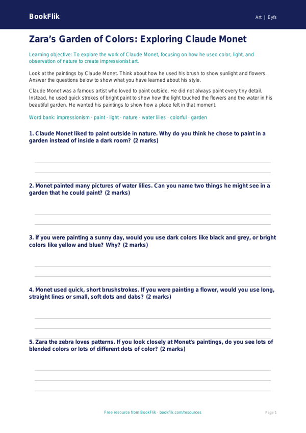 Free Monet Worksheet | Pre-K | Art | BookFlik worksheet preview — Art Monet