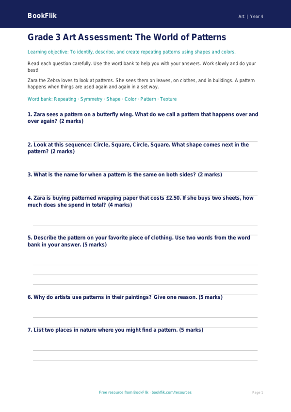 Free Pattern Assessment | Grade 3 | Art | BookFlik worksheet preview — Art Pattern