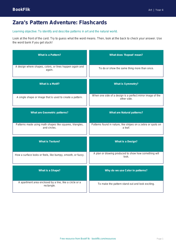 Free Pattern Flashcards | Grade 3 | Art | BookFlik worksheet preview — Art Pattern