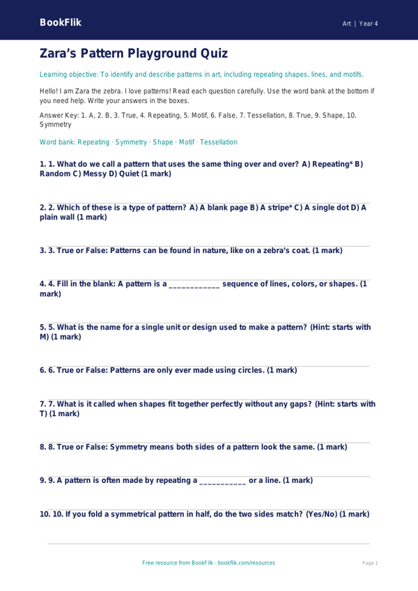 Free Pattern Quiz | Grade 3 | Art | BookFlik worksheet preview — Art Pattern