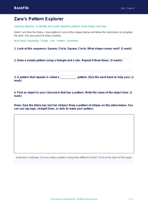 Free Pattern Worksheet | Grade 3 | Art | BookFlik worksheet preview — Art Pattern