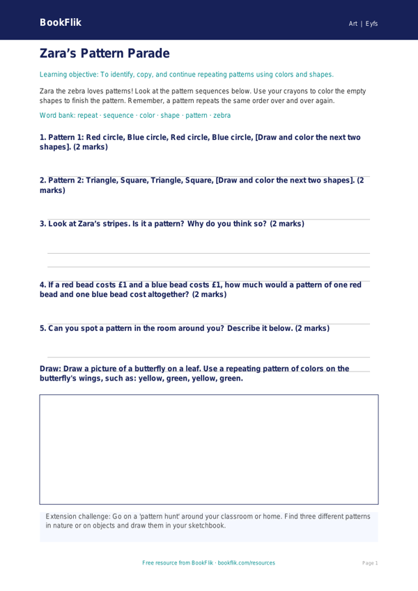 Free Pattern Activity Sheet | Pre-K | Art | BookFlik worksheet preview — Art Pattern