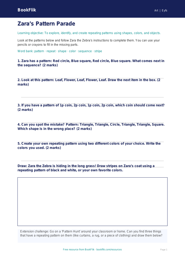 Free Pattern Worksheet | Pre-K | Art | BookFlik worksheet preview — Art Pattern