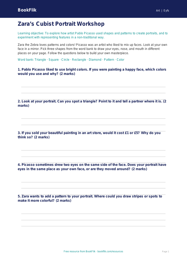 Free Picasso Activity Sheet | Pre-K | Art | BookFlik worksheet preview — Art Picasso