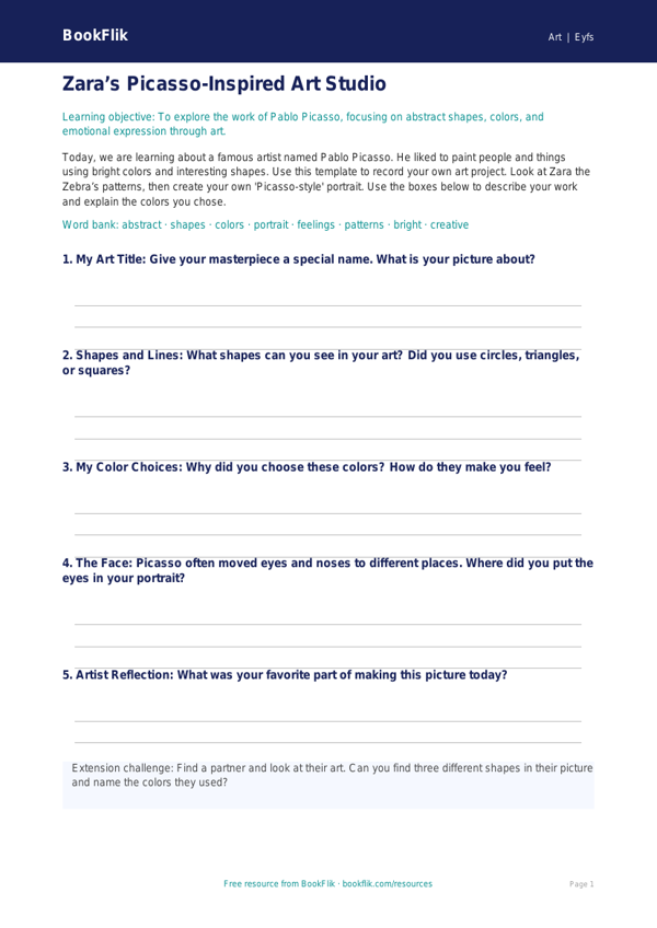 Free Picasso Template | Pre-K | Art | BookFlik worksheet preview — Art Picasso