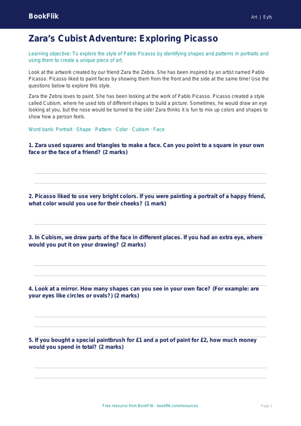 Free Picasso Worksheet | Pre-K | Art | BookFlik worksheet preview — Art Picasso