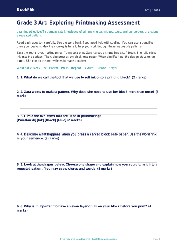 Free Printmaking Assessment | Grade 3 | Art | BookFlik worksheet preview — Art Printmaking