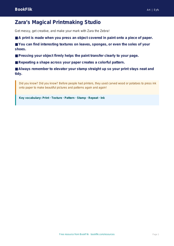 Free Printmaking Poster | Pre-K | Art | BookFlik worksheet preview — Art Printmaking
