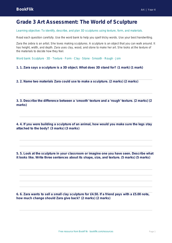 Free Sculpture Assessment | Grade 3 | Art | BookFlik worksheet preview — Art Sculpture