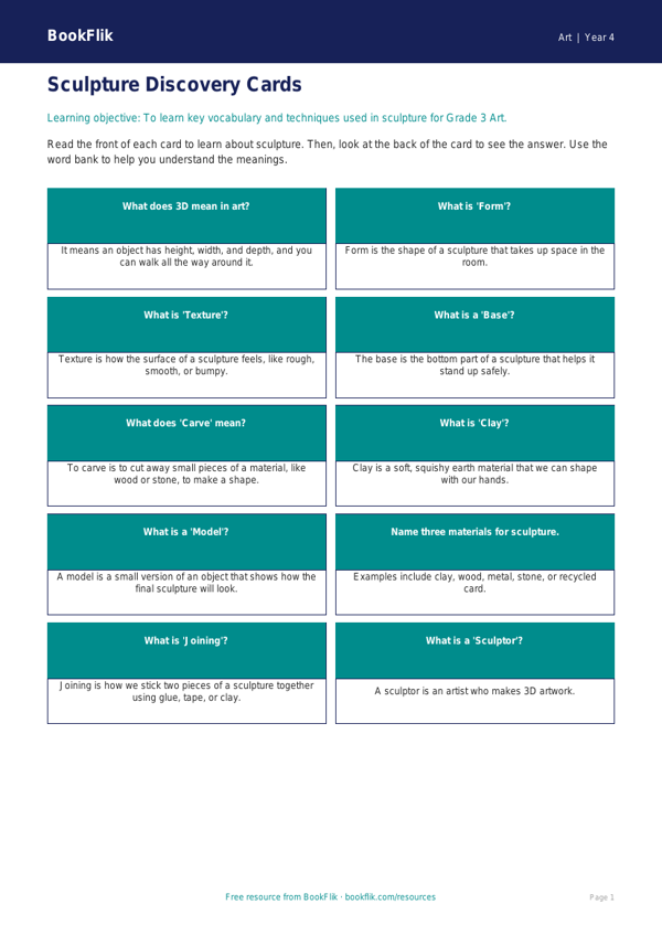 Free Sculpture Flashcards | Grade 3 | Art | BookFlik worksheet preview — Art Sculpture