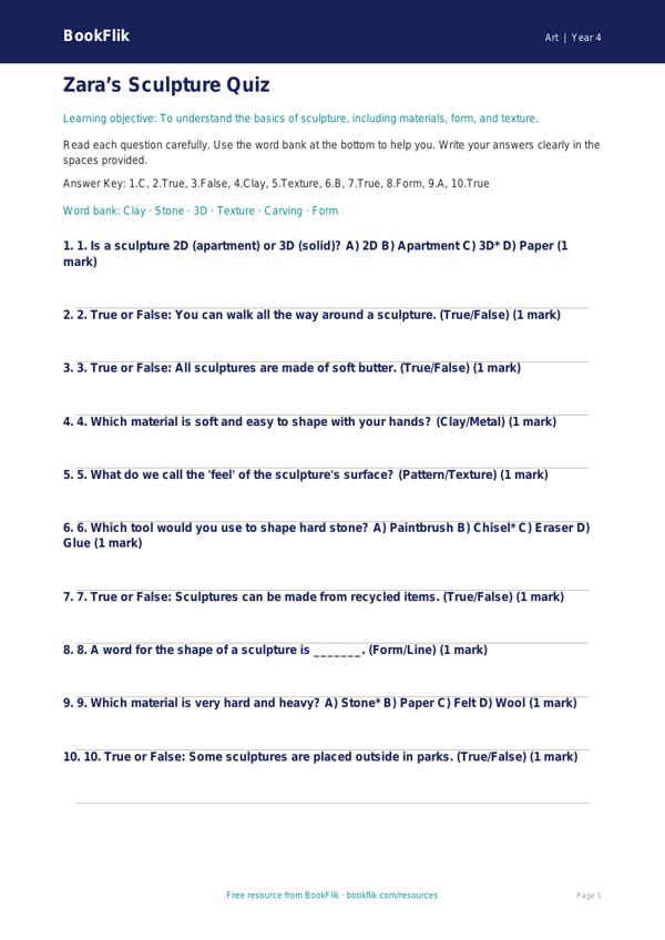 Free Sculpture Quiz | Grade 3 | Art | BookFlik worksheet preview — Art Sculpture