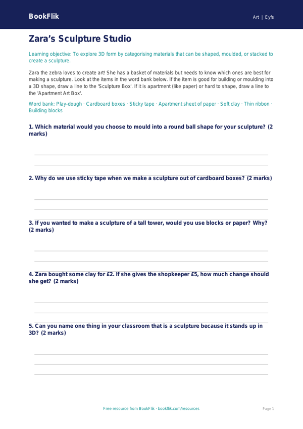 Free Sculpture Activity Sheet | Pre-K | Art | BookFlik worksheet preview — Art Sculpture