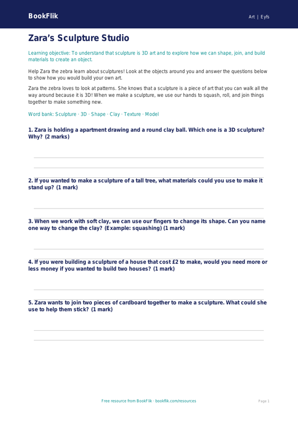 Free Sculpture Worksheet | Pre-K | Art | BookFlik worksheet preview — Art Sculpture