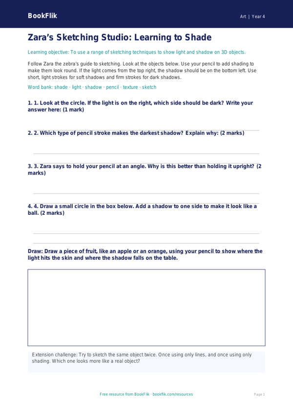 Free Sketching Activity Sheet | Grade 3 | Art | BookFlik worksheet preview — Art Sketching
