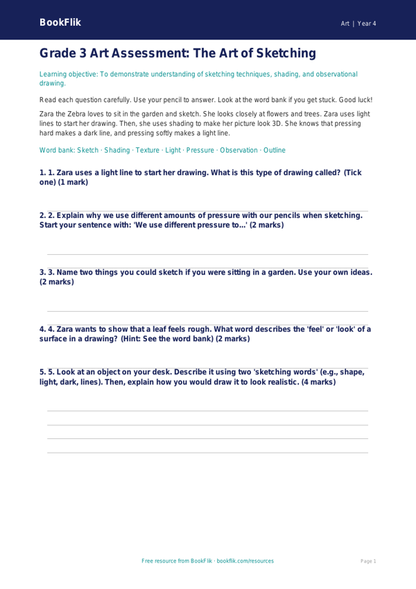 Free Sketching Assessment | Grade 3 | Art | BookFlik worksheet preview — Art Sketching
