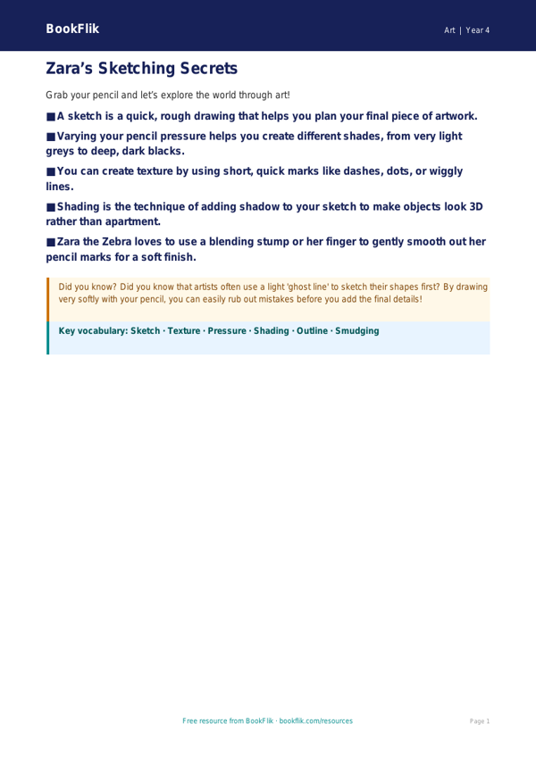 Free Sketching Poster | Grade 3 | Art | BookFlik worksheet preview — Art Sketching