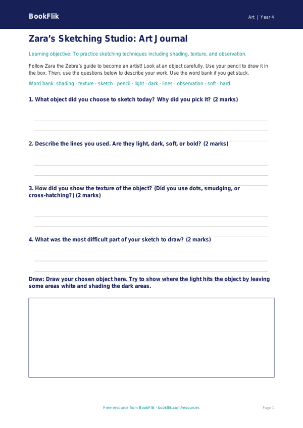 Free Sketching Template | Grade 3 | Art | BookFlik worksheet preview — Art Sketching
