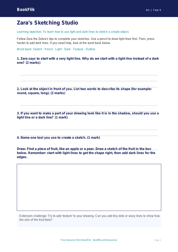 Free Sketching Worksheet | Grade 3 | Art | BookFlik worksheet preview — Art Sketching
