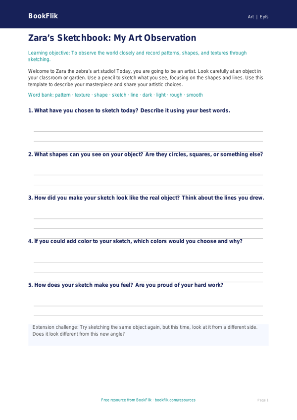 Free Sketching Template | Pre-K | Art | BookFlik worksheet preview — Art Sketching